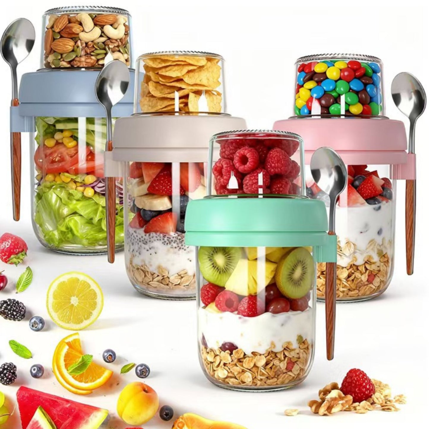 4 Pcs Set Glass Oat Jars with Spoon and Compartments