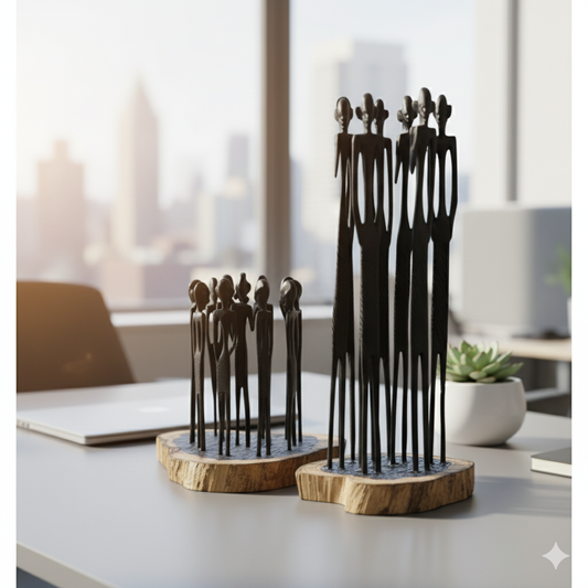 A group of slender, dark hand-carved Wooden stick figures standing upright on natural wood bases.