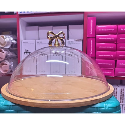 Acrylic dome cake cover with wooden tray