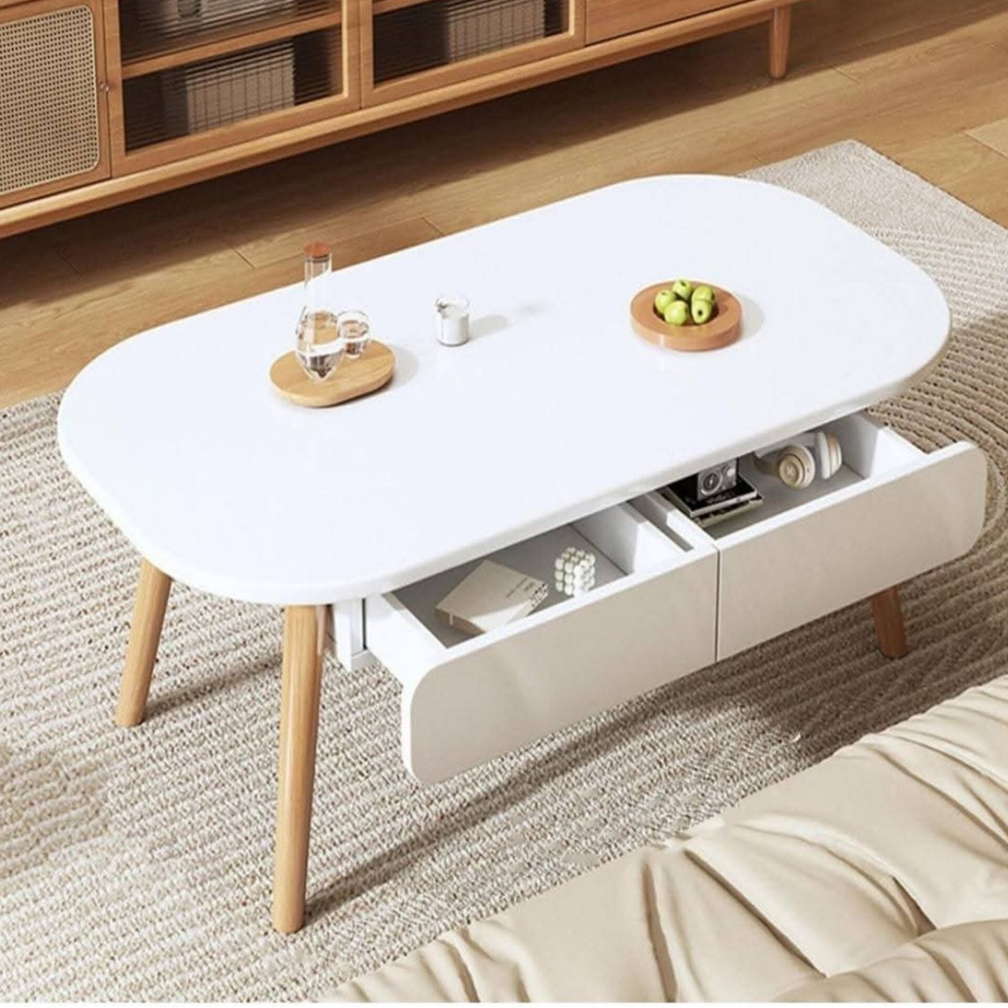 Oval Coffee Table with Drawer Storage