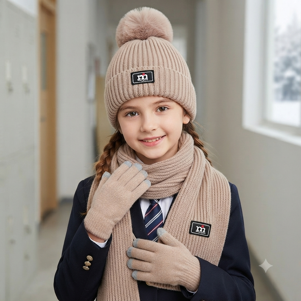 3 in 1 Winter Kids Beanie Hat  Scarf  and Gloves Set