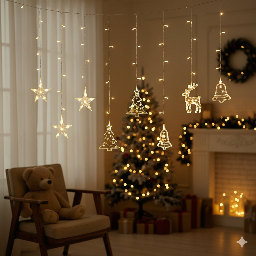 3.5 Meter LED Christmas Curtain String Lights with Decorative Shapes (Stars, Trees, Bells)