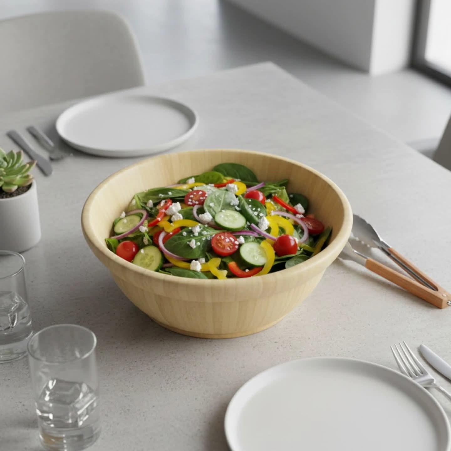 Round bamboo salad bowl