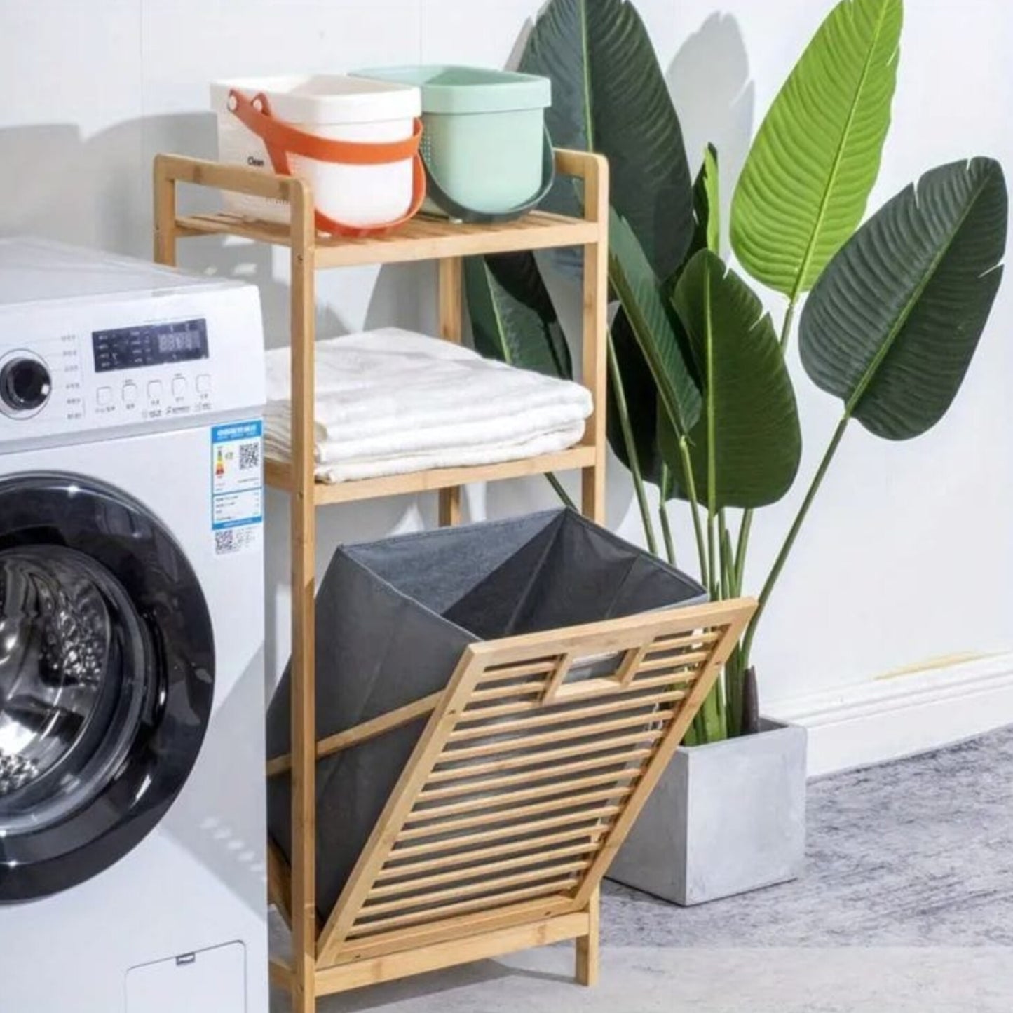 Bamboo Laundry Hamper with Storage Shelf and Fabric Liner