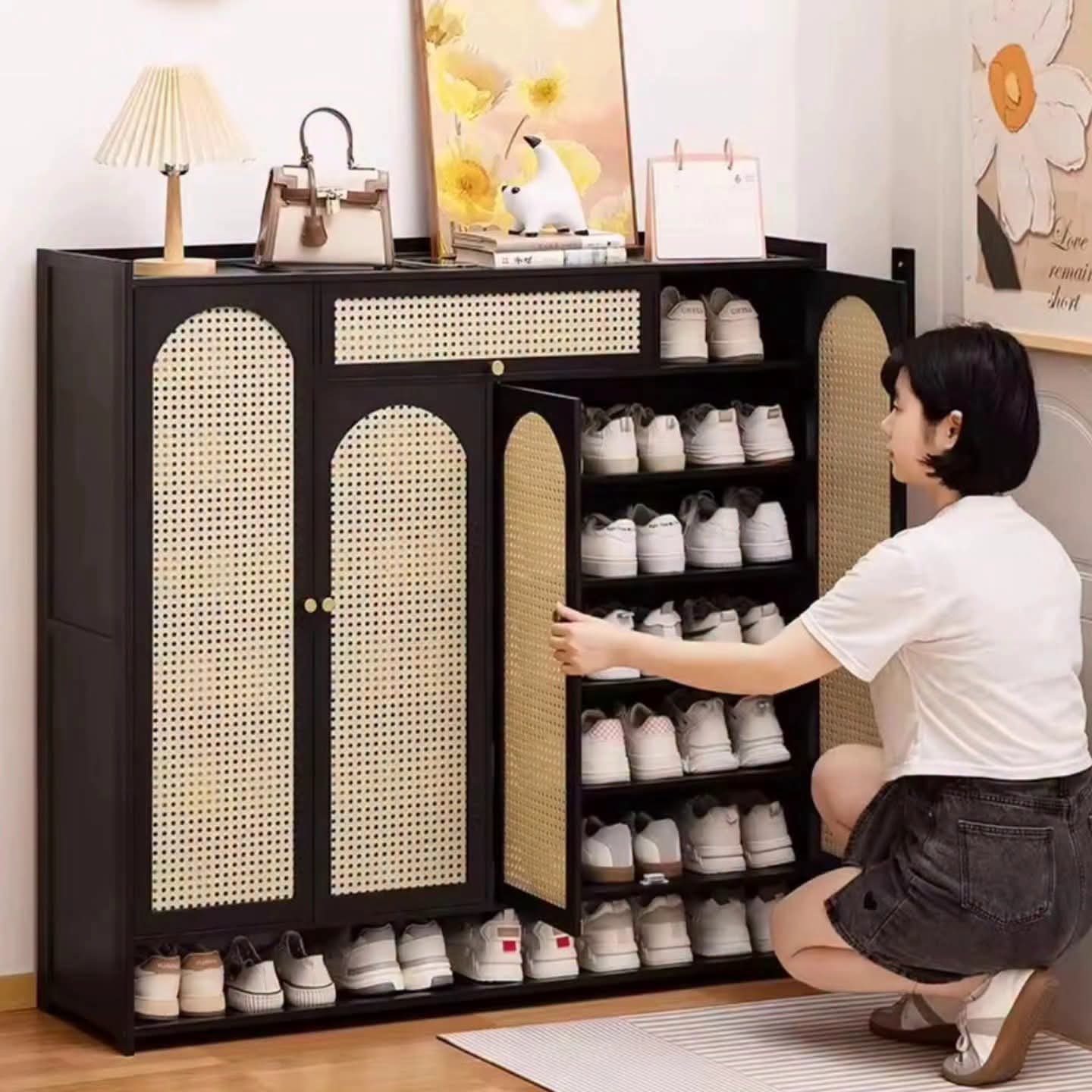 Big Size Black Wooden Bamboo Shoe Rack Gha