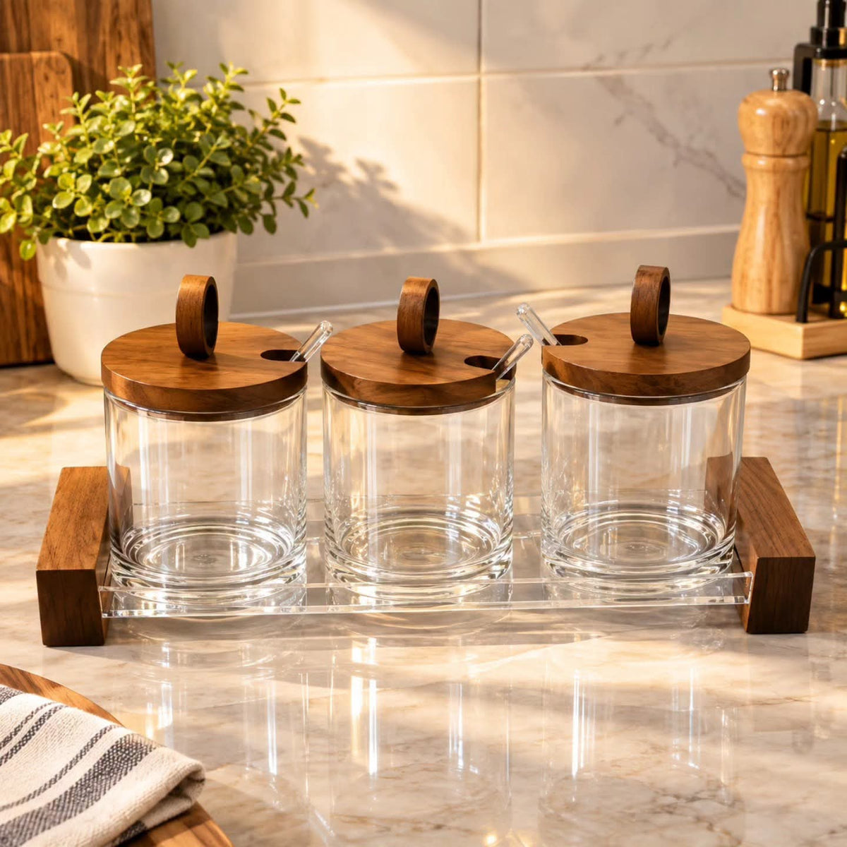 3 In 1 Glass Canister Spice Jar Set with Wooden Base Tray