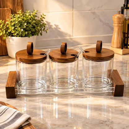 3 In 1 Glass Canister Spice Jar Set with Wooden Base Tray