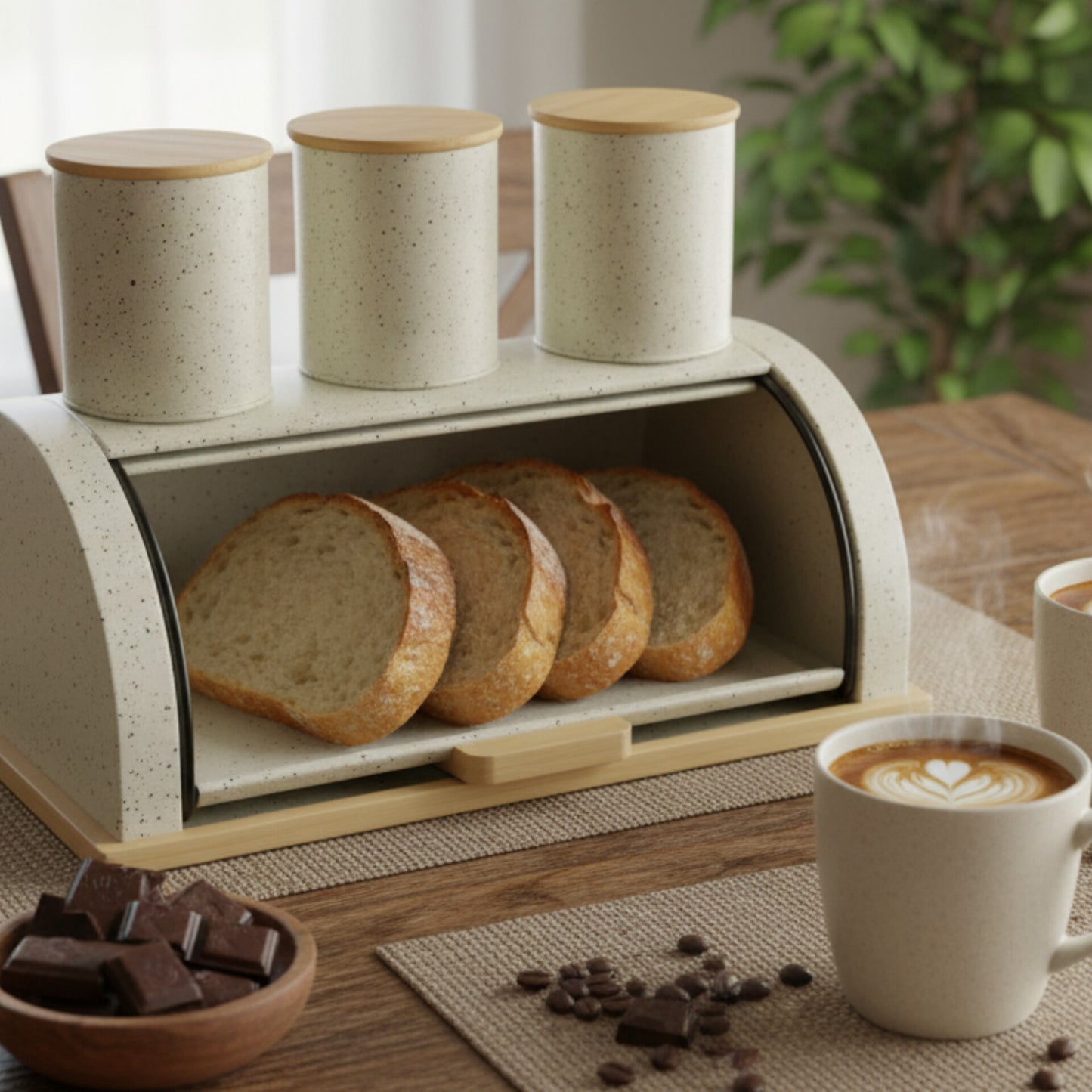 A white speckled metallic bread bin box with a wooden handle and base, topped with three matching cylindrical canisters that have wooden lids.