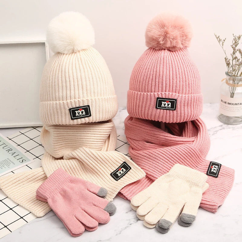 3 in 1 Winter Kids Beanie Hat  Scarf  and Gloves Set
