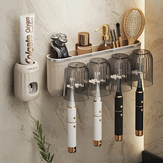 Toothbrush holder organiser with toothpaste dispenser