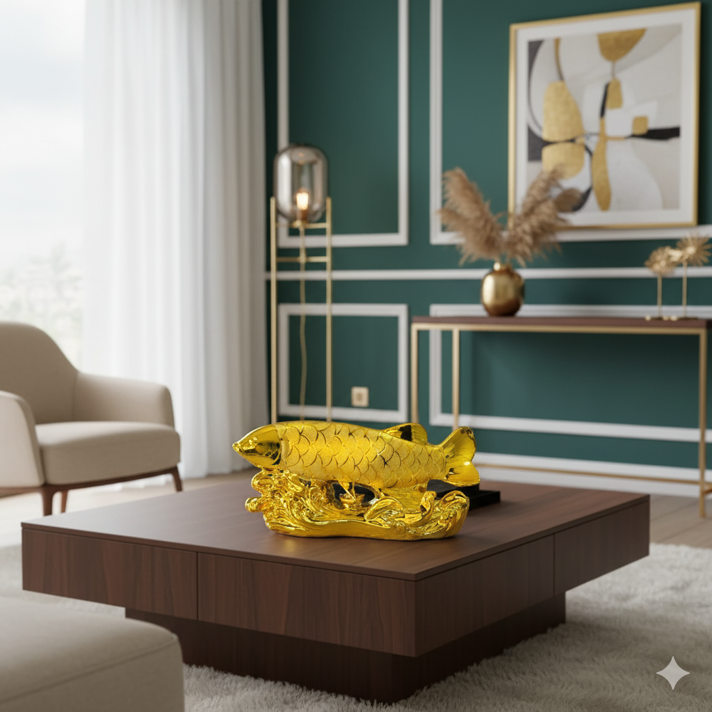 GOLDEN CARP FORTUNE STATUE - MODERN PORCELAIN FIGURINE