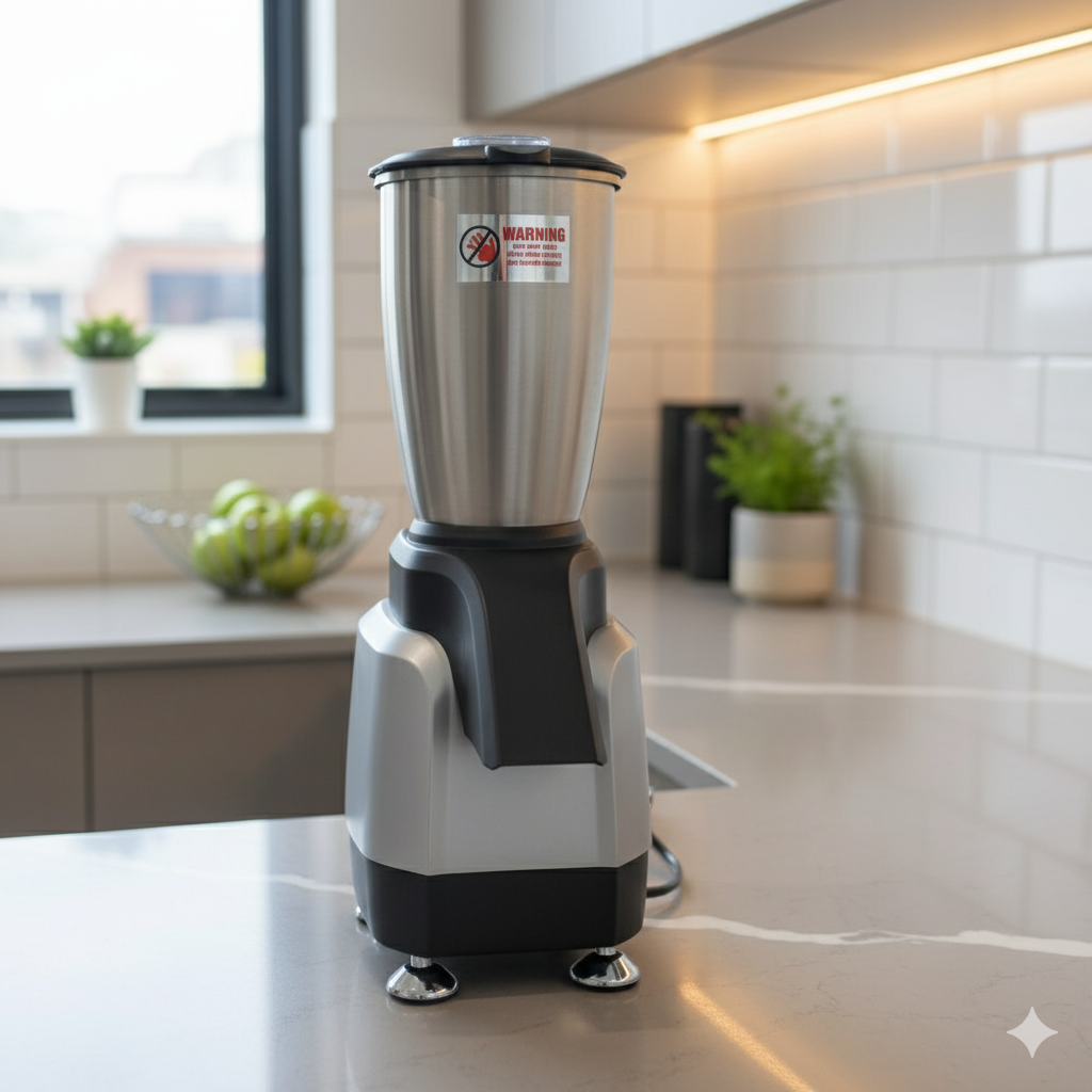 Silver and black commercial ice crusher blender with a stainless steel jar