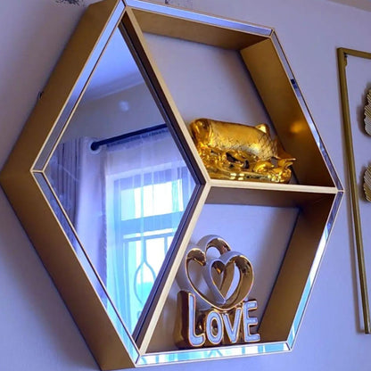 Gold Hexagon Wall Mirror with Display Shelves