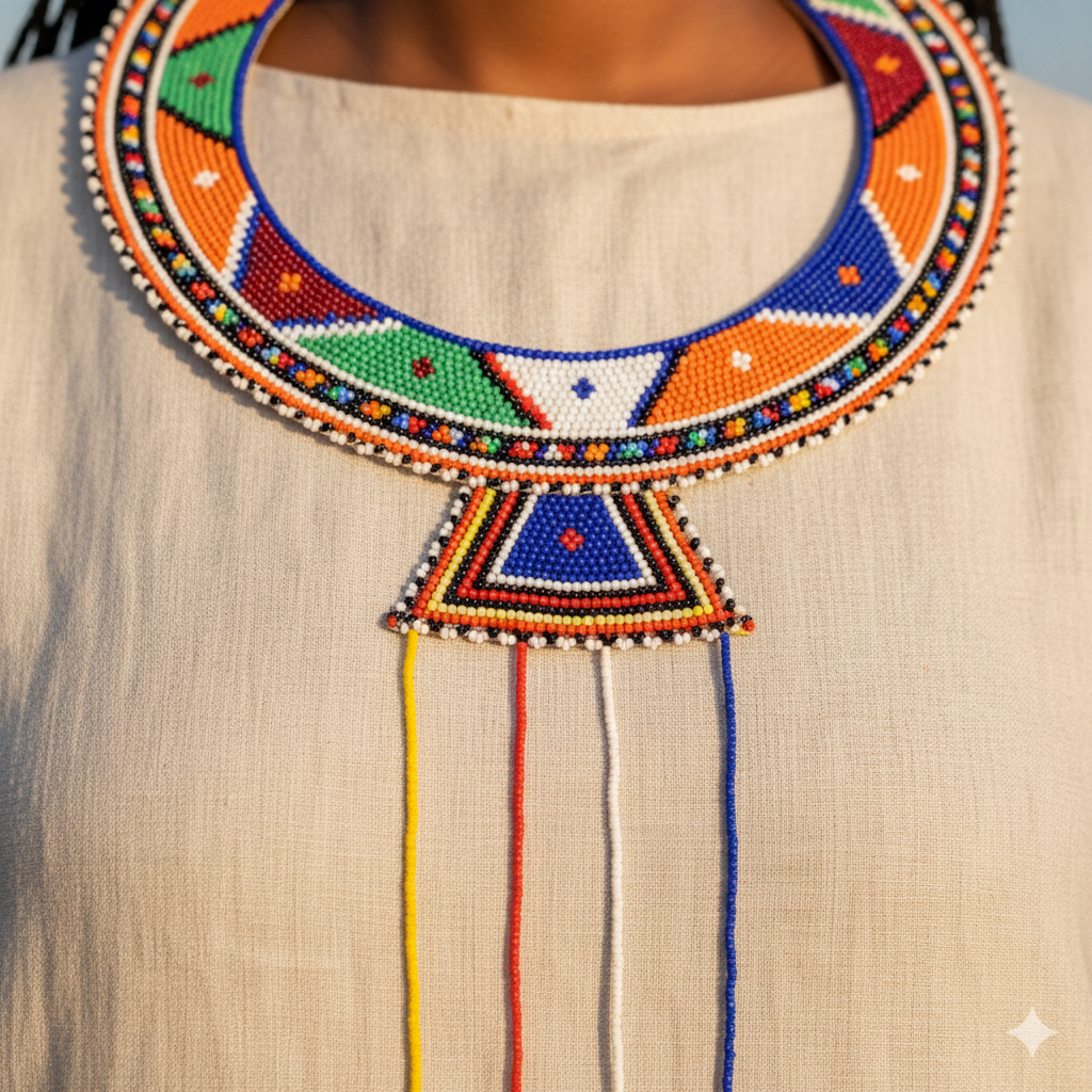 Large, vibrant, multicolored Maasai beaded collar necklace worn around a person's neck