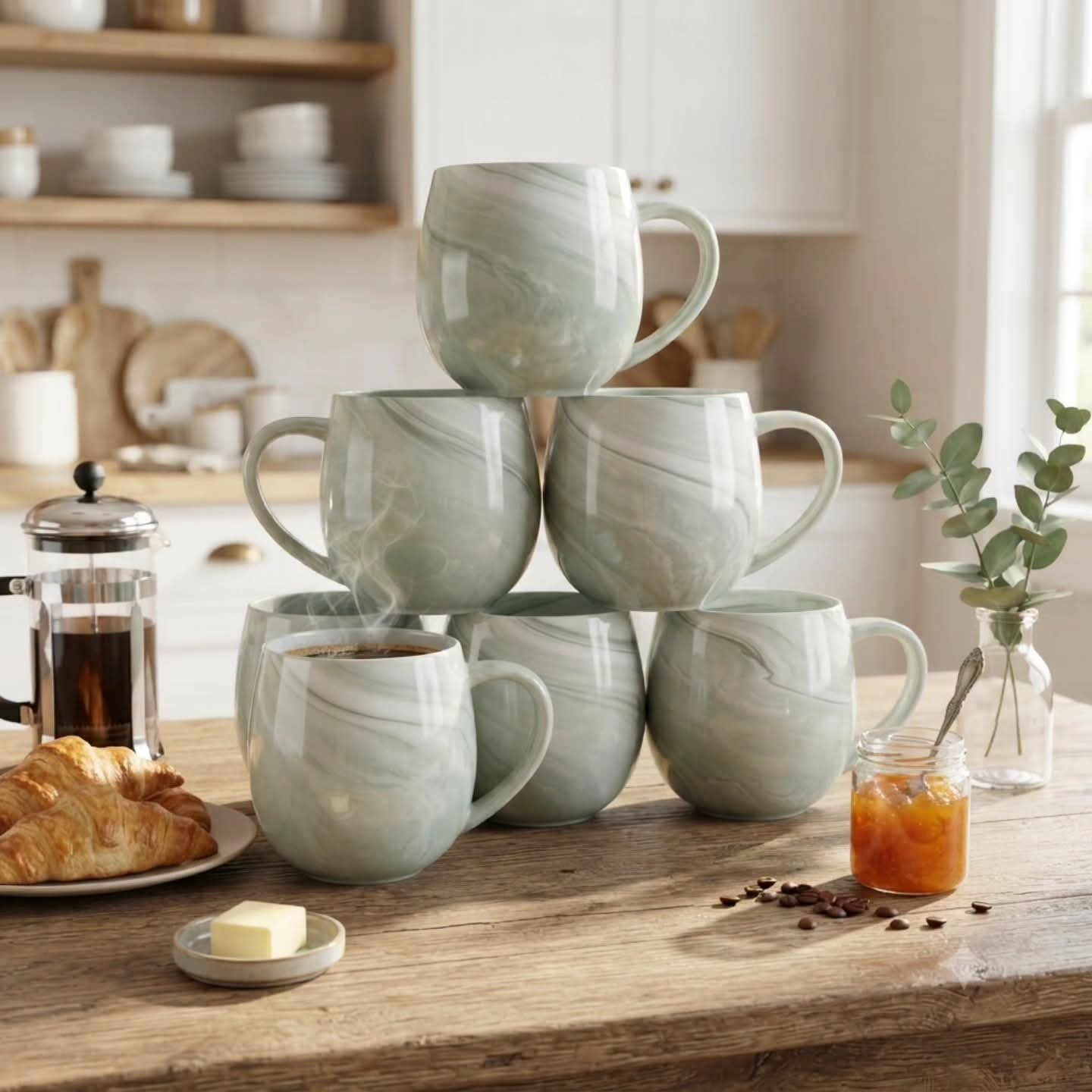 6Pcs Pot Shaped Marble Ceramic Mugs
