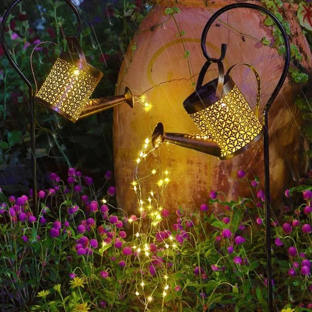 2 Piece Christmas Solar Watering Can Garden Lights  with Shepherd Hook