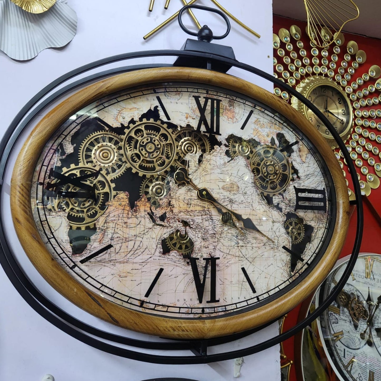Atlas Columbus Metal Wood Moving Gears Wall Clock