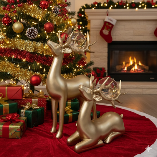 Luxurious Matte Gold Reindeer Statue Pair
Regal Resin Christmas Deer Set of 2
Elegant Standing and Resting Reindeer Figurines