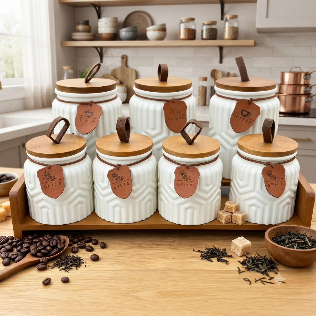 7Pcs Ceramic Storage Jar Set with Wooden Stand