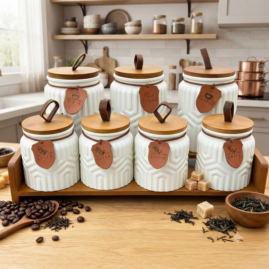 7Pcs Ceramic Storage Jar Set with Wooden Stand