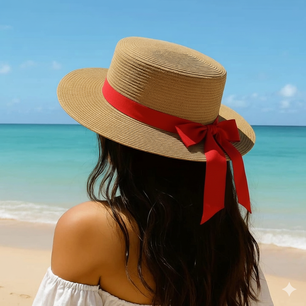 Christmas ladies summer hats with removable red ribbon