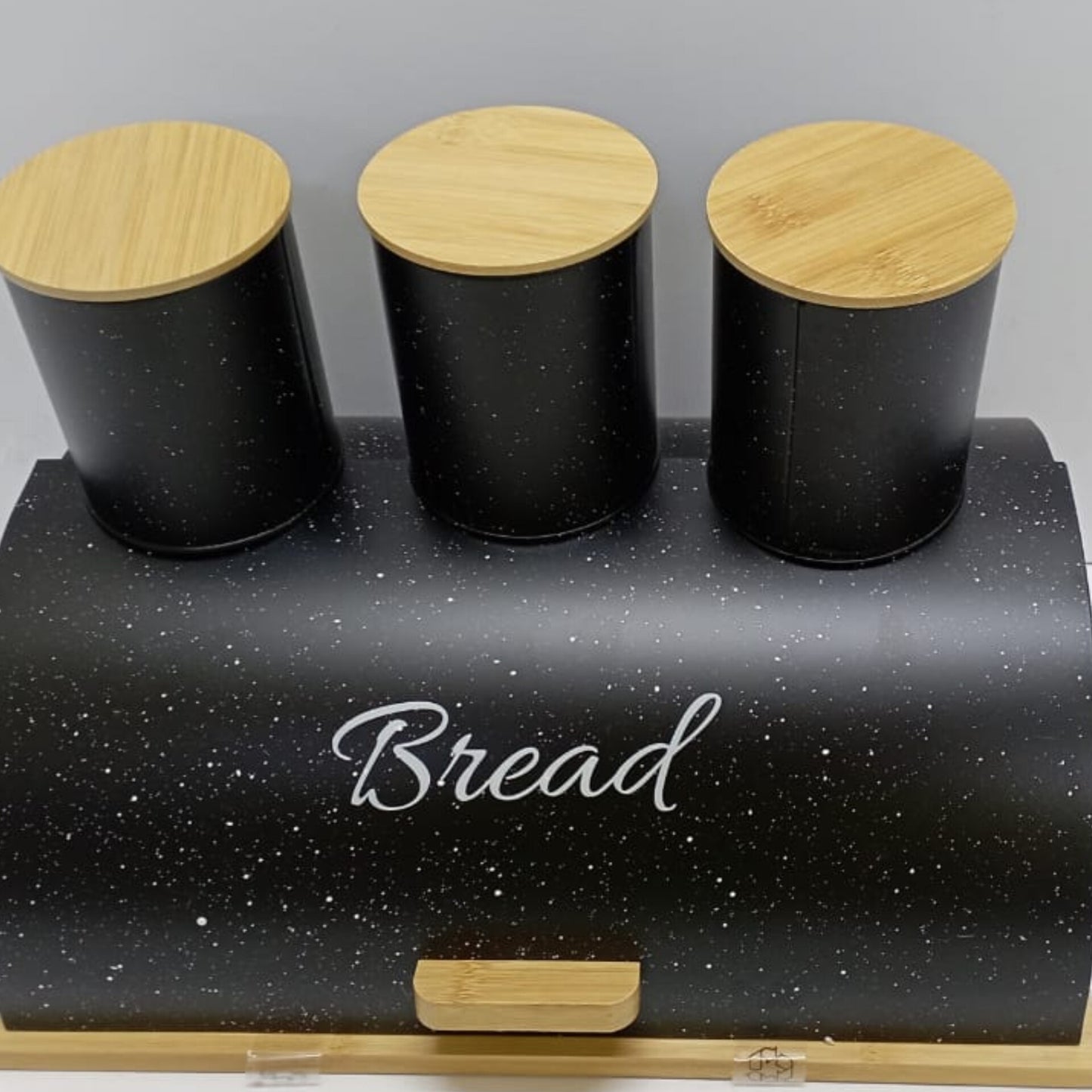Metallic Bread Bin Storage Box Set with Bamboo Lids and Canisters