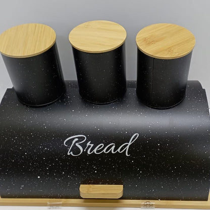Metallic Bread Bin Storage Box Set with Bamboo Lids and Canisters