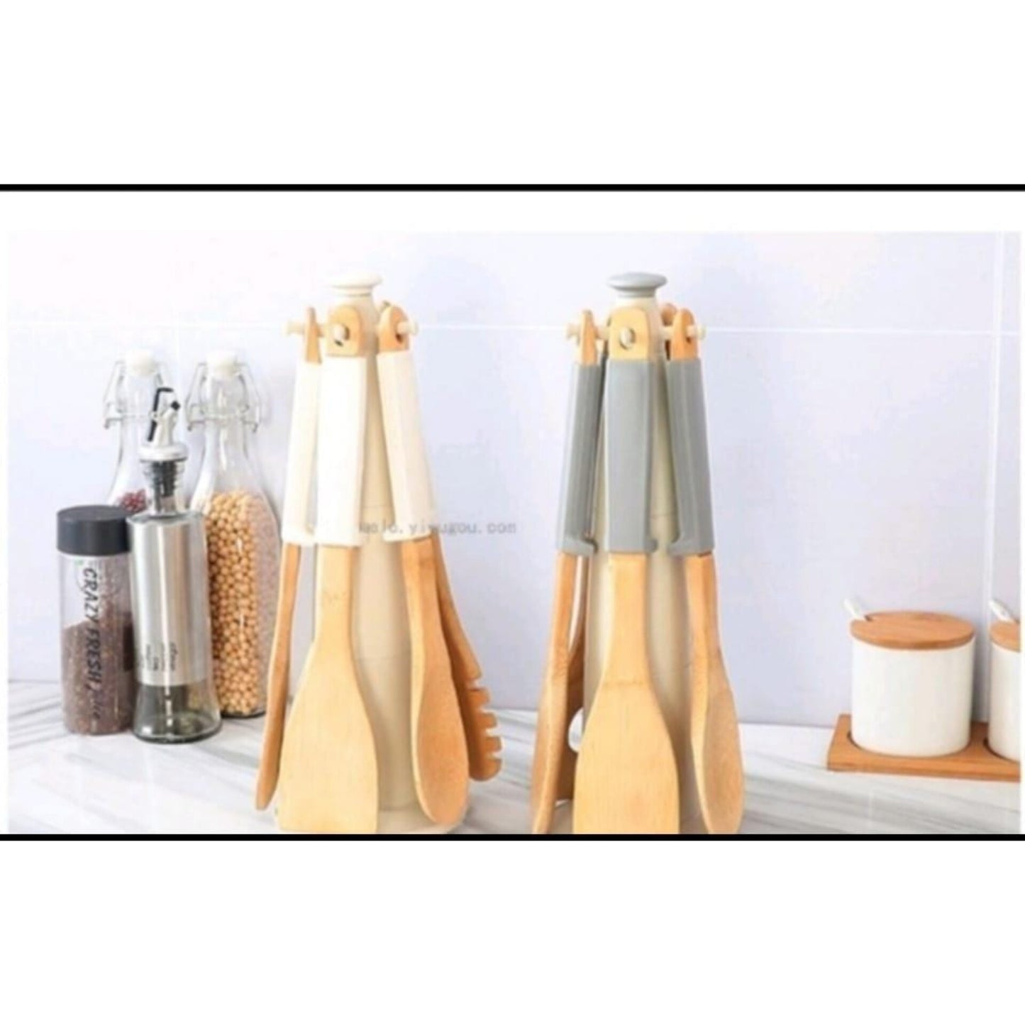 6Pc Wooden serving spoons with stand