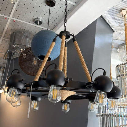Wheel Chandelier with Rope Accents With Bulb