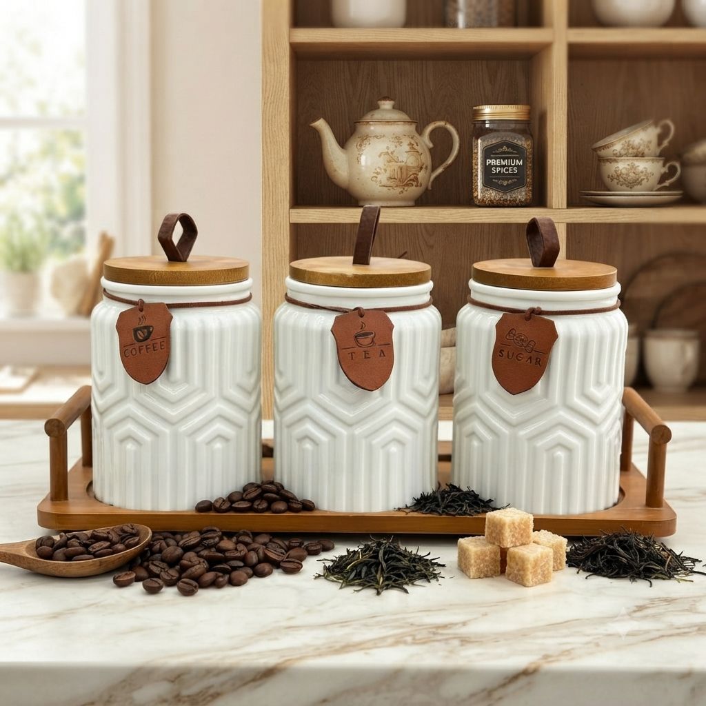 3Pcs Ceramic Canister Set with Wooden Tray