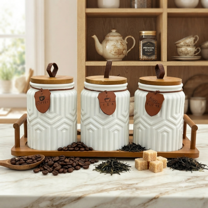3Pcs Ceramic Canister Set with Wooden Tray