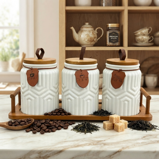 3Pcs Ceramic Canister Set with Wooden Tray