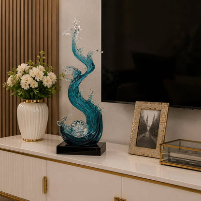 Blue and Clear Resin Ocean Wave Sculpture with Crystal Ball