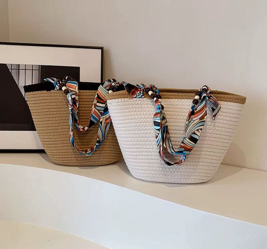 Woven cotton rope straw bag with zipper