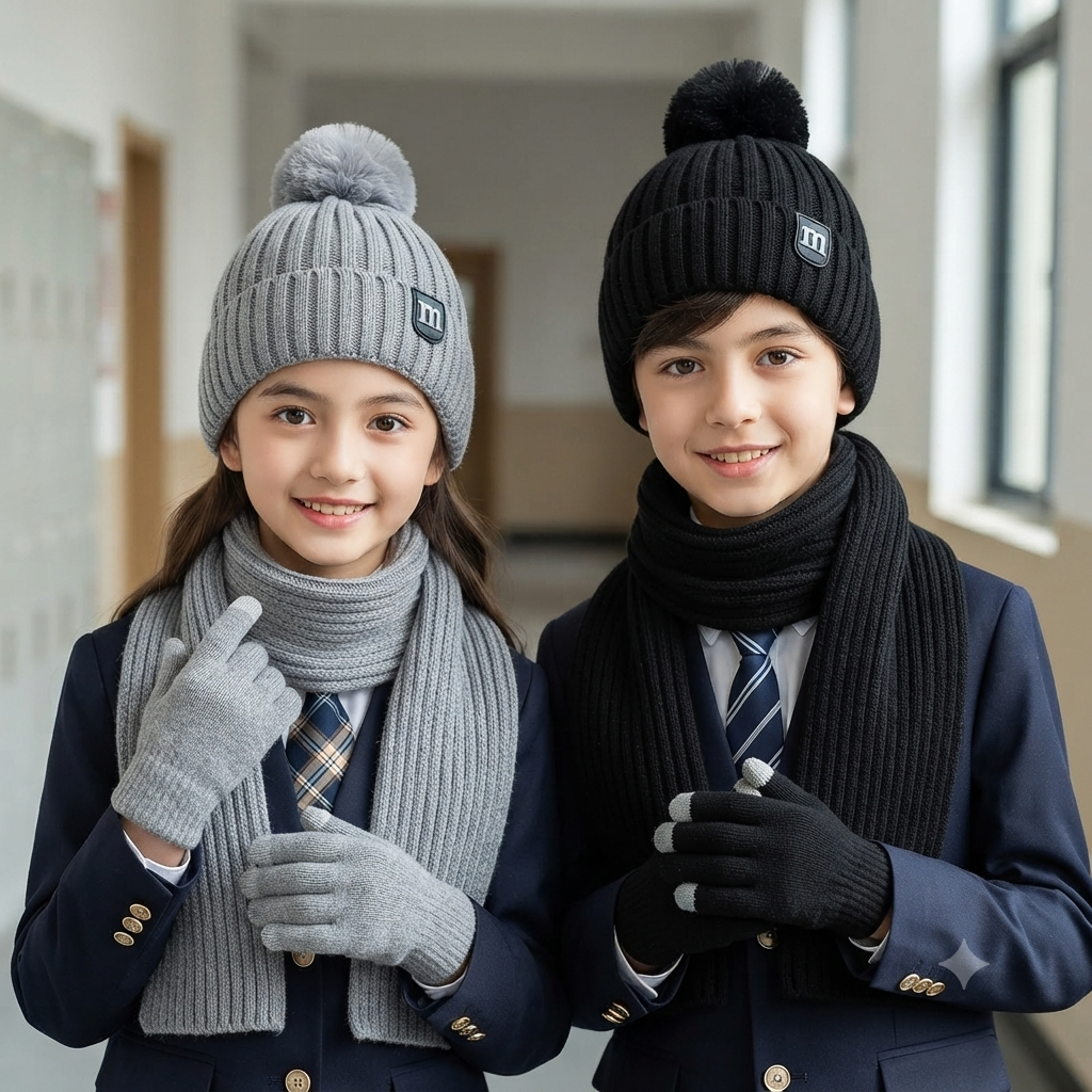 3 in 1 Winter Kids Beanie Hat  Scarf  and Gloves Set