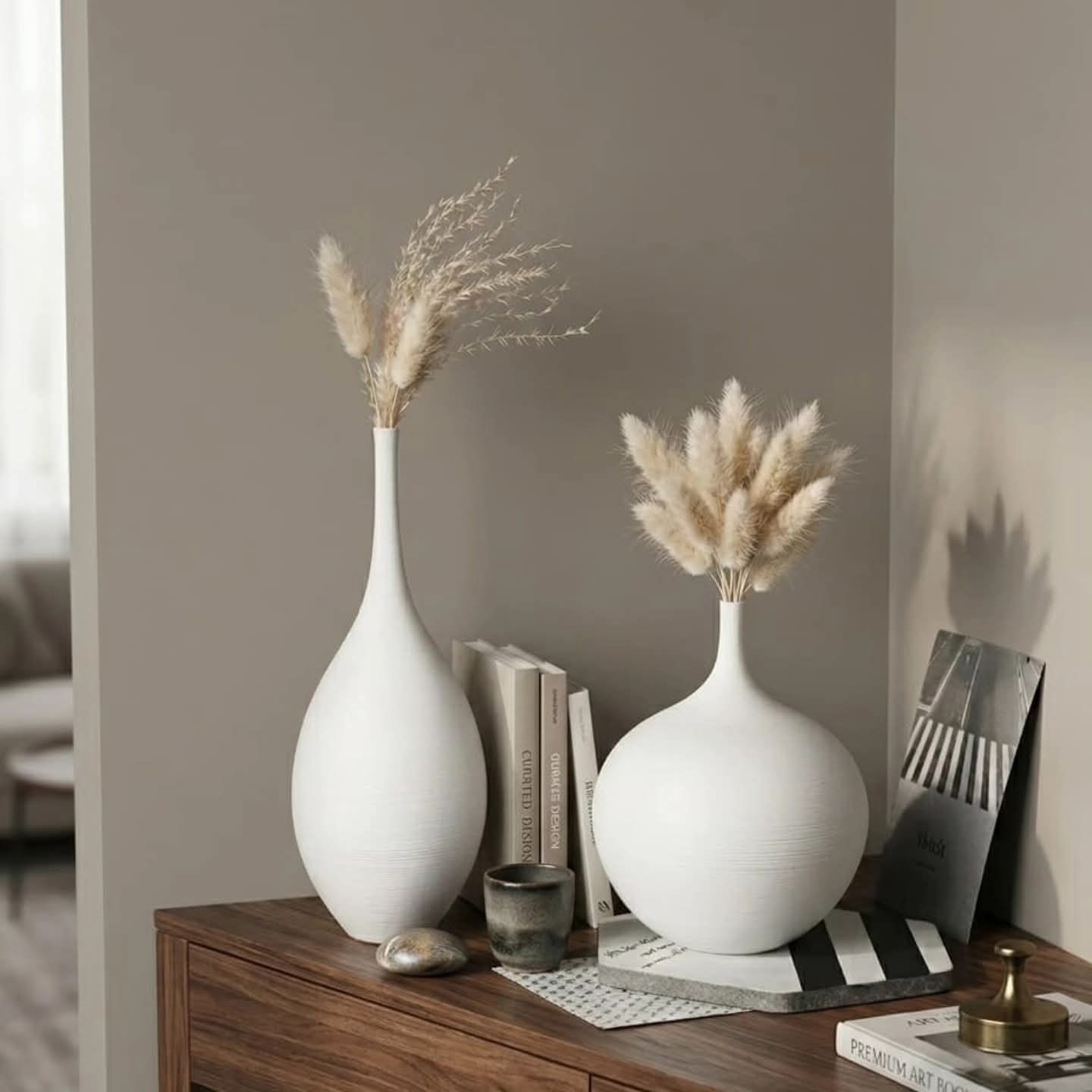 2Pc Ceramic White Decor Vases