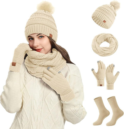 4 Piece Winter  Beanie Hat Scarf Gloves Set