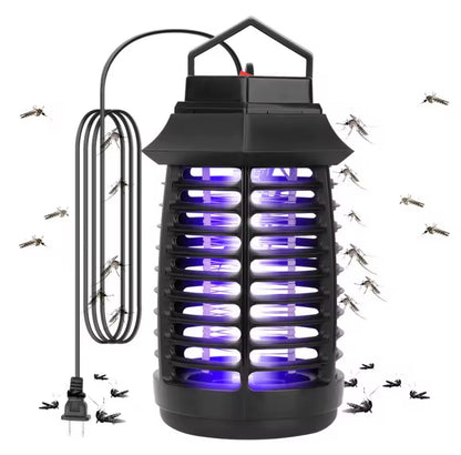 A black lantern style insect zapper with purple UV light and a power cord.