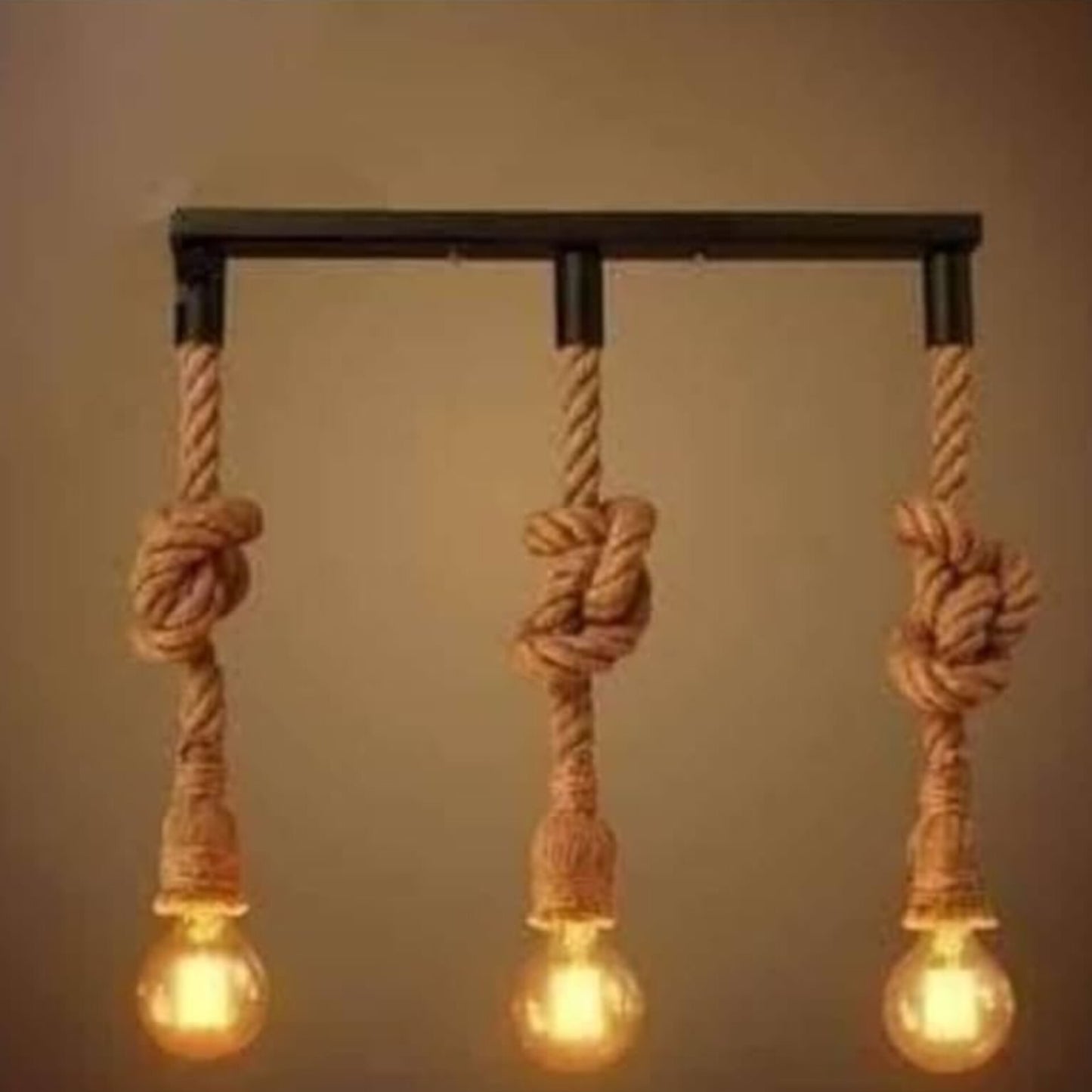 Vintage hemp rope chandelier with 3 bulbs