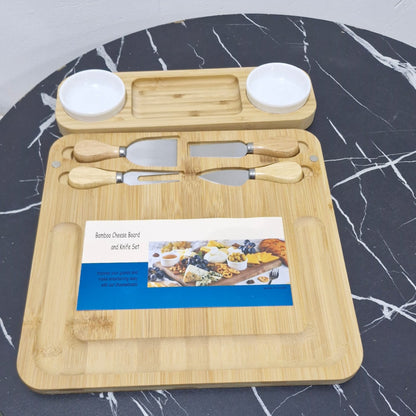 Bamboo Cheese Board and Cutlery Set with Ceramic Bowls