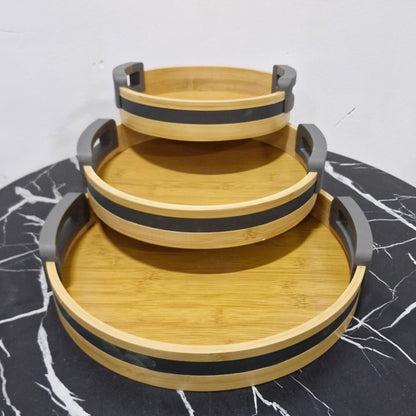 3Pcs Bamboo Nesting Tray Set with Grey Handles