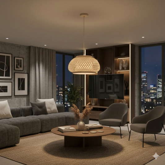 A wide, curved woven bamboo pendant lamp.