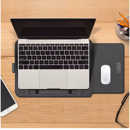 Black laptop sleeve opened up, holding a silver laptop and a white wireless mouse, on a wooden desk.
