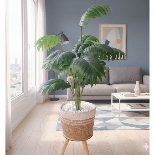 Artificial plant decor with woven basket and pebbles