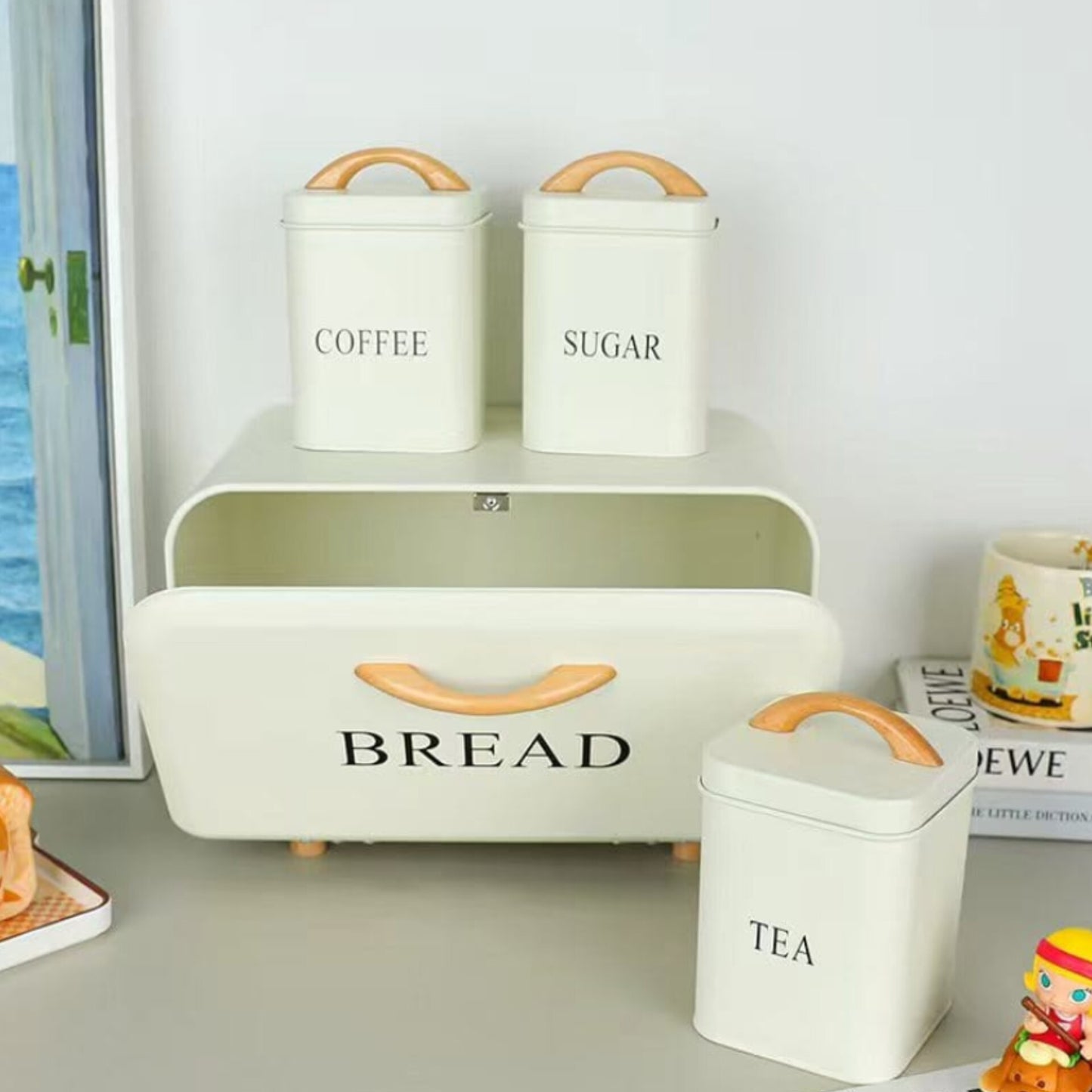 Home Kitchen Bread Box and Tea Sugar Coffee Storage Canister Set