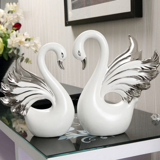 Elegant Silver-Winged Ceramic Swan Sculpture Pair