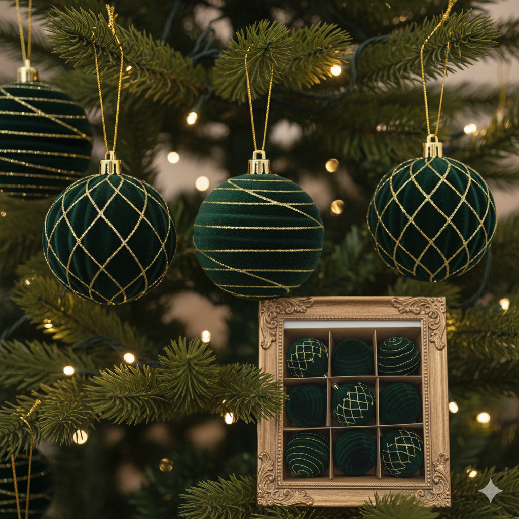 Decorative green ornaments with gold patterns