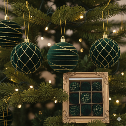 Decorative green ornaments with gold patterns