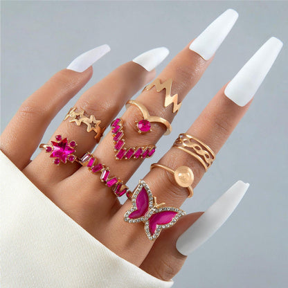 9pc Butterfly Rose Ring Set