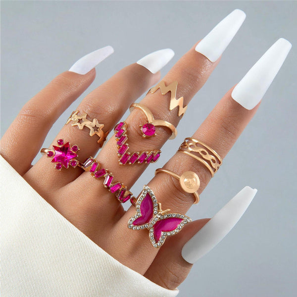 9pc Butterfly Rose Ring Set